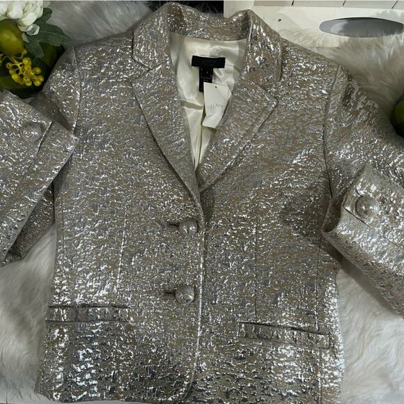 NEW J. Crew Wool Metallic Silver Brocade Jacquard Career Suit Blazer Jacket RARE - Picture 12 of 15